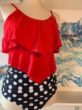 Red Ruffle Tankini Top with Black & White Polka Dot Bottom